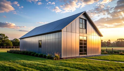 Modern barn at sunset