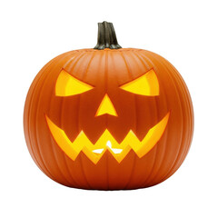 A vibrant orange jack-o'-lantern with an ominous carved face and glowing yellow light, centered on a transparent studio background with ample copy space, Halloween festivity concept