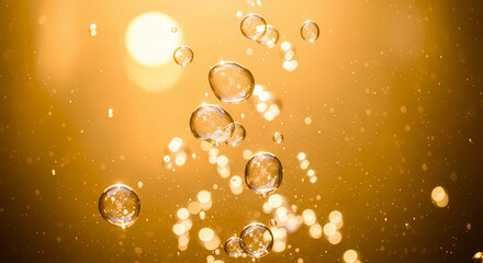 Sparkling golden liquid with rising bubbles and bokeh lights creating a luxurious and dynamic abstract background effect