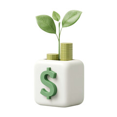 A 3d rendering of a white cube with a green dollar sign on the front, a small plant growing out of the top, and stacks of gold coins behind it, isolated on transparent background