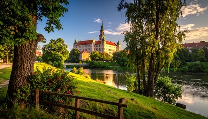 A serene riverside landscape showcasing a picturesque castle nestled amidst lush greenery and a tranquil river.