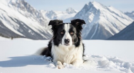 Dog resting in the snow against a mountain backdrop