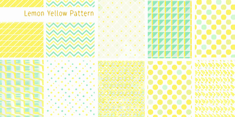 Collection of cheerful lemon yellow and mint green abstract geometric patterns and textures