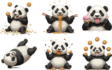 Cartoon Panda Character Set Featuring Food Poses and Snack Humor for Children’s Content, Lifestyle, and Entertainment Design Projects