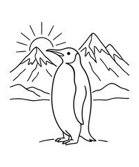 A black and white coloring page featuring adorable penguins delivering letters (with hearts on them) to a polar bear