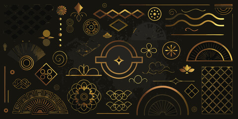 Collection of art deco inspired gold geometric and floral elements on a dark textured background © Bipul