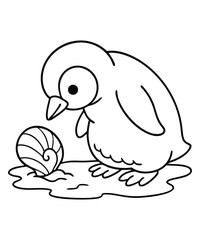 A black and white coloring page featuring adorable penguins delivering letters (with hearts on them) to a polar bear