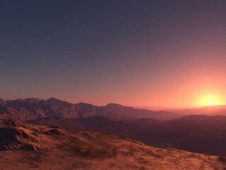 Sunset mountain landscape view Orange and purple tones Dramatic sky Beautiful nature scene Panoramic view Vector illustration