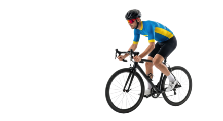 Focused young male cyclist in blue kit, aero helmet, red sunglasses, pedaling black bike on transparent studio background, competitive cycling concept