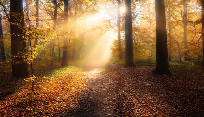 Obraz premium Dreamy Nature Scenery With Fairytale Golden Mood In A Foggy Forest In Autumn With A Soft Beam Of Sunlight Above A Path