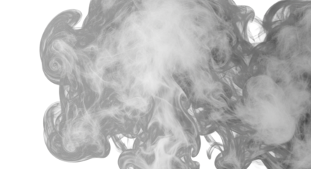 Dense white smoke and steam billowing with intricate wispy textures, defined contours, volumetric backlighting on deep black, extreme macro, concept of fluid transformation and ethereal mystery.