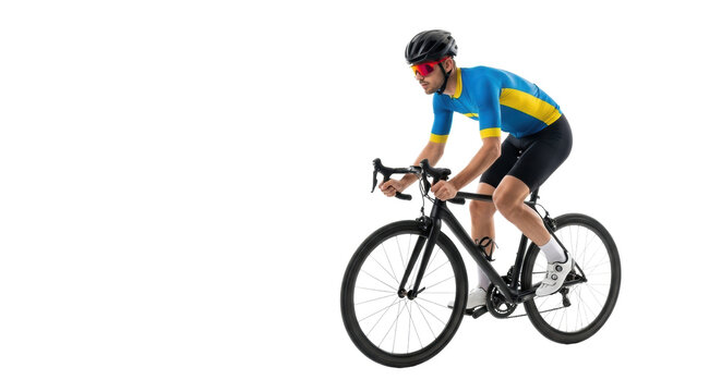 Focused young male cyclist in blue kit, aero helmet, red sunglasses, pedaling black bike on transparent studio background, competitive cycling concept