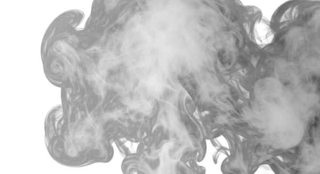 Dense white smoke and steam billowing with intricate wispy textures, defined contours, volumetric backlighting on deep black, extreme macro, concept of fluid transformation and ethereal mystery.
