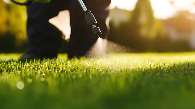 Lawn care: Applying liquid fertilizer to green grass for healthy growth and weed control.
