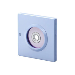 A closeup, angled view of a light blue squareshaped medical device with a circular opening revealing a pinkish disc with a metallic center, isolated on a transparent background