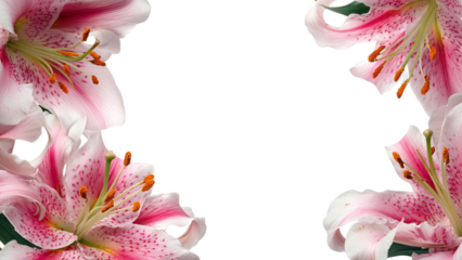 PNG of A vibrant arrangement of pink lilies with delicate petals and rich orange stamens, creating a lush floral frame.