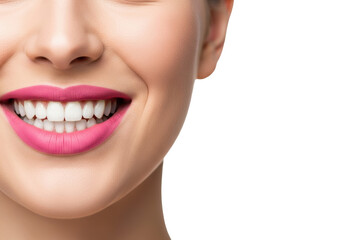 Obraz premium Young caucasian woman's lower face with vibrant pink matte lipstick, wide joyful smile revealing perfect white teeth against a transparent studio background with copy space, concept of dental health