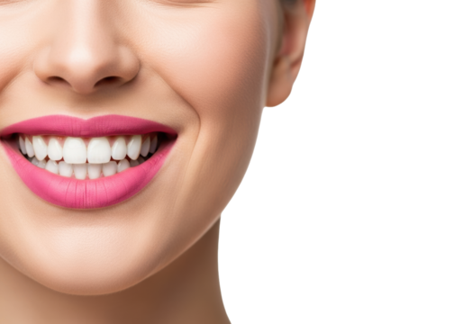 Young caucasian woman's lower face with vibrant pink matte lipstick, wide joyful smile revealing perfect white teeth against a transparent studio background with copy space, concept of dental health