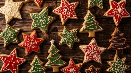 Fototapeta premium Festive christmas star and tree cookies on rustic wooden table background