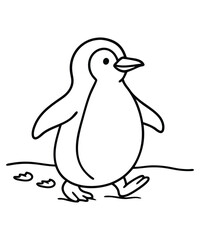 A black and white coloring page featuring adorable penguins delivering letters (with hearts on them) to a polar bear