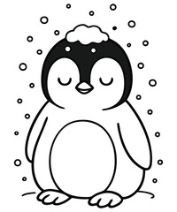 A black and white coloring page featuring adorable penguins delivering letters (with hearts on them) to a polar bear