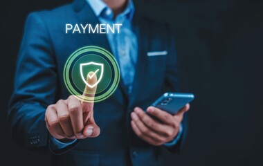Digital Secure Payment: A modern businessman utilizes a smartphone, interacting with a digital interface showcasing secure payment confirmation and protection. 