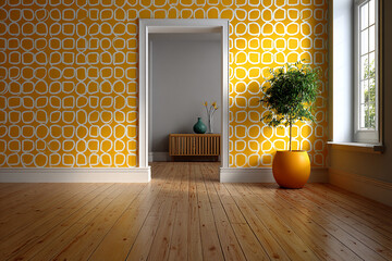 Mustard yellow wallpaper with wooden flooring, modern minimalist interior decor
