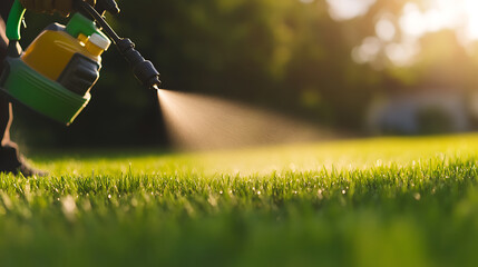 Lawn care in action: watering or applying treatment to grass with a sprayer. Vibrant green lawn, sunshine. Healthy lawn upkeep concept.