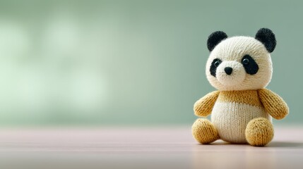 Knitted panda toy sitting on wooden surface with soft background  