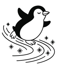 A black and white coloring page featuring adorable penguins delivering letters (with hearts on them) to a polar bear