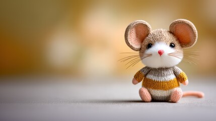 Adorable plush mouse standing on a gray surface with a blurred background  