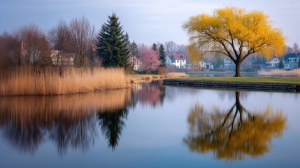 Autumn trees reflecting on calm lake with houses in background  
