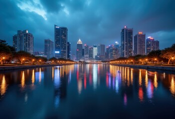 Obraz premium Captivating Cityscape Dusk Skyline Illuminated Lights Urban Landscape Vibrant Night Sky Reflection Architecture