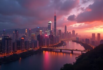 Fototapeta premium Captivating Cityscape Dusk Skyline with Vibrant Lights Glimmering Above Lively Urban Landscape