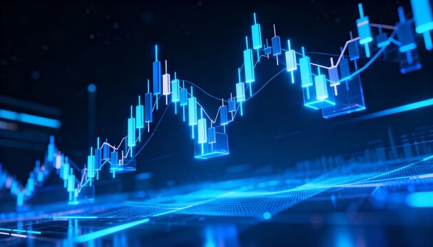 Dynamic 3D candlestick chart illustrating fluctuating market trends and data visualization.