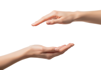 Extreme close-up of two delicate, fair-skinned female hands with groomed nails on transparent, lower hand receiving, upper giving, soft high-key light, concept of generosity and care