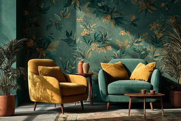 Emerald green botanical wallpaper with warm-toned furniture, modern interior decor