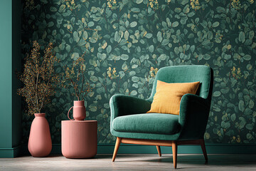 Emerald green botanical wallpaper with warm-toned furniture, modern interior decor