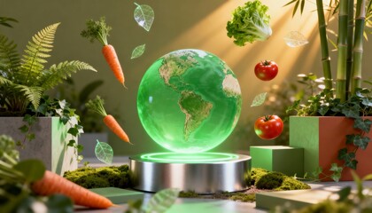 A translucent globe of Earth, surrounded by fresh produce and greenery, floats on a metallic base.