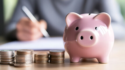 Saving for the Future: Piggy bank with coins, person writing in background. Plan your finances and build financial security for a brighter tomorrow.