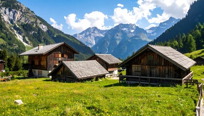 Alpine village nestled in a valley, sunny day