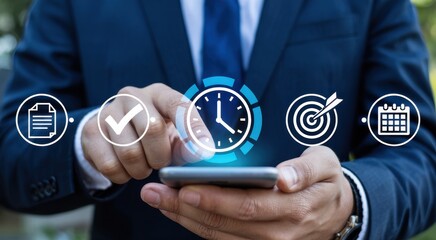 Mastering Time Efficiency: A person's hand interacts with a digital interface featuring iconic time-related symbols like clock and calendar, signifying efficient time management.