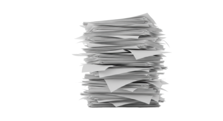 Unorganized, towering stack of crumpled white office paper on a reflective white surface, bright clean background, ample copy space, high-key lighting. Concept of administrative overload