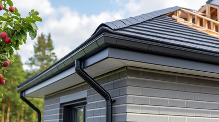 Modern Home Roofing and Gutter System Dark Grey Tile, Black Gutters, Clean Lines, Contemporary Design. Roofing,Gutters