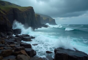 Fototapeta premium Dramatic Coastal Cliffs With Crash of Waves Against Rocky Shoreline Under Threatening Skies