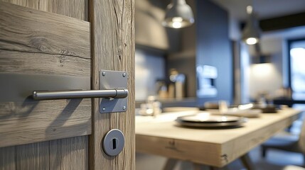 Modern Kitchen Door Handle Close-up Composition, Rustic Wood, Blurred Background, Interior Design, home decor, kitchen design Interior Design, Home Decor