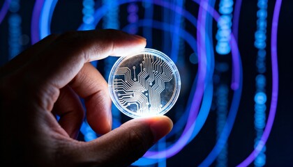 A hand holding a digital cryptocurrency coin with glowing blue background.