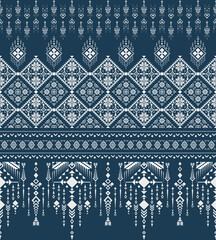 Navy Blue and White Ethnic Tribal Pattern. Geometric Diamond Textile. Traditional Hmong Embroidery Style. Abstract Vintage Folk Art Background. Seamless African, Aztec Style Fabric Print. Boho style.