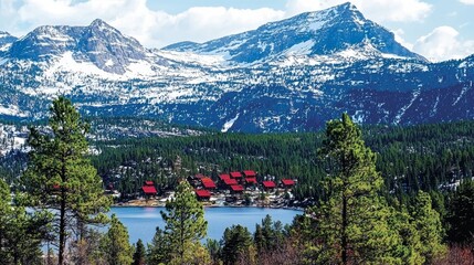 Mountain Lake Cabins Red Roof Composition, Snow-capped Peaks, Scenic Landscape. Mountain Scenery, Cabin Retreat