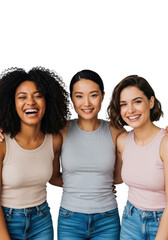 Three diverse young adult women embracing, laughing, smiling in a clean light grey studio with copy space, soft lighting. Concept of diverse friendship and joy